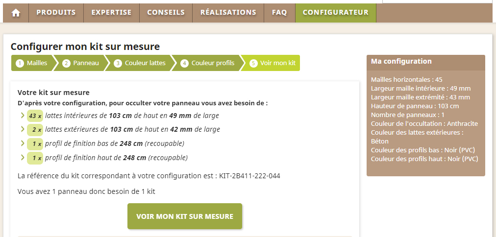 Résultat configuration kit d'occultation sur mesure